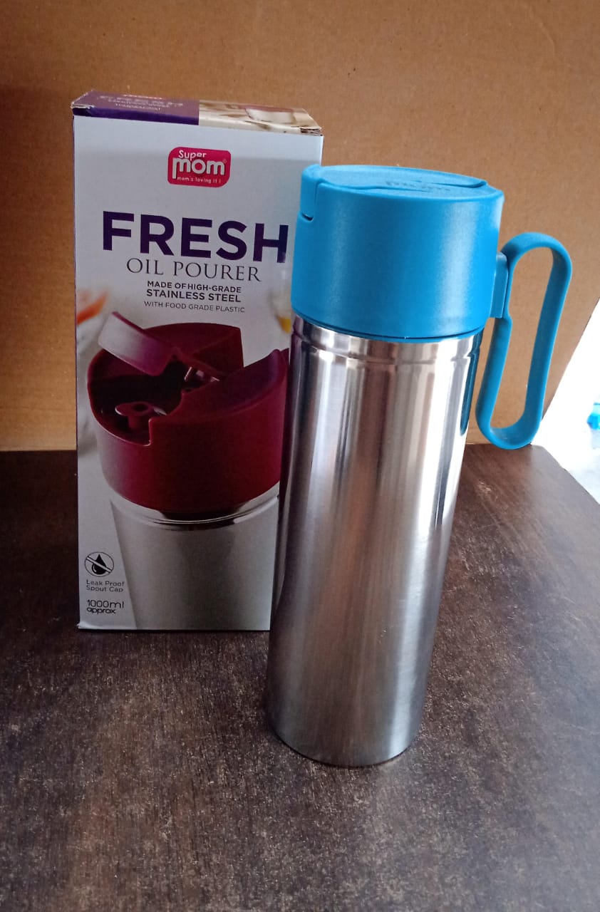 Supermom Stainless Steel Fresh Oil Pourer Bottle with Flip Lid and Handle Approx 1000ML (1 Pc) Supermom Stainless Steel Fresh Oil Pourer Bottle with Flip Lid and Handle Approx 1000ML (1 Pc)